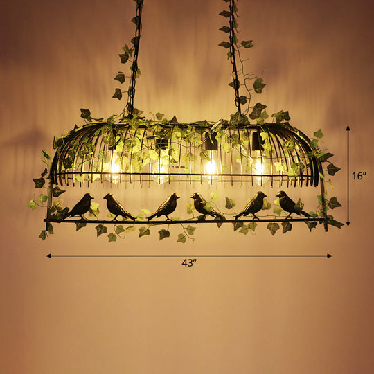 Iron Birdcage Suspension Light: Antique Restaurant Island Chandelier With Green Artificial Ivy