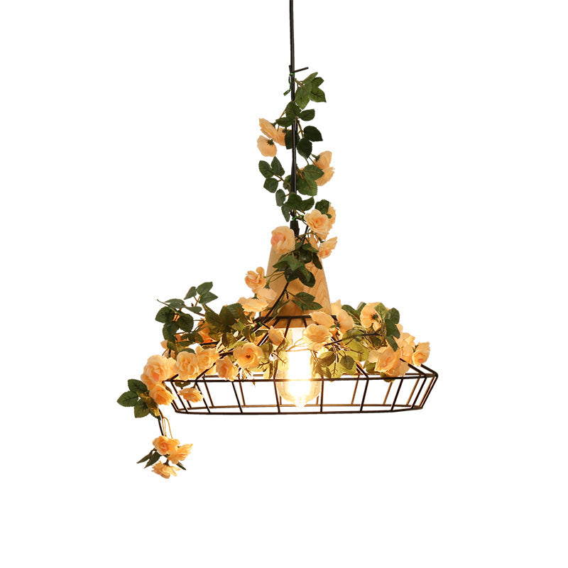 Lampe suspendue vintage en forme de cage, 1 lampe en fer avec accent de rose artificielle orange rose