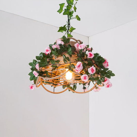 Antique Scalloped Hemp Rope Pendant Light with Green Decorative Rose - Ideal for Restaurants - 1-Light Hanging Fixture