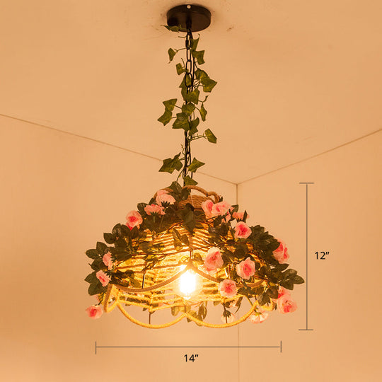 Antique Scalloped Hemp Rope Pendant Light with Green Decorative Rose - Ideal for Restaurants - 1-Light Hanging Fixture