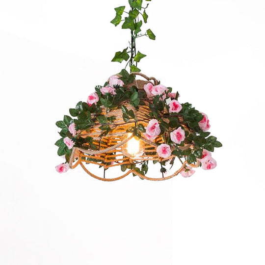 Antique Scalloped Hemp Rope Pendant Light with Green Decorative Rose - Ideal for Restaurants - 1-Light Hanging Fixture