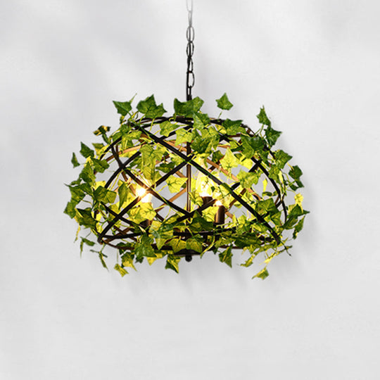 Rustic Metal Bird Nest Pendant Light With Ivy Decor 4 Bulbs Restaurant Hanging In Green