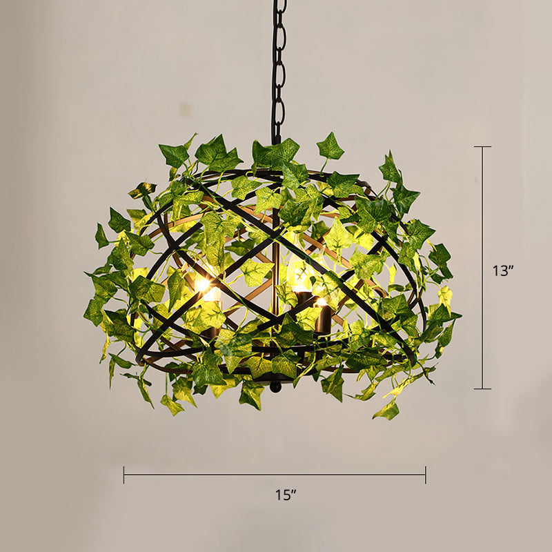 Rustic Metal Bird Nest Pendant Light with Green Ivy Decor, 4 Bulbs - Ideal for Restaurants