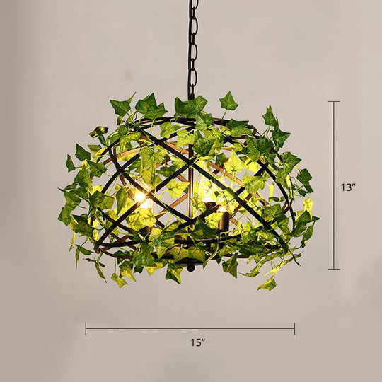 Rustic Metal Bird Nest Pendant Light With Ivy Decor 4 Bulbs Restaurant Hanging In Green