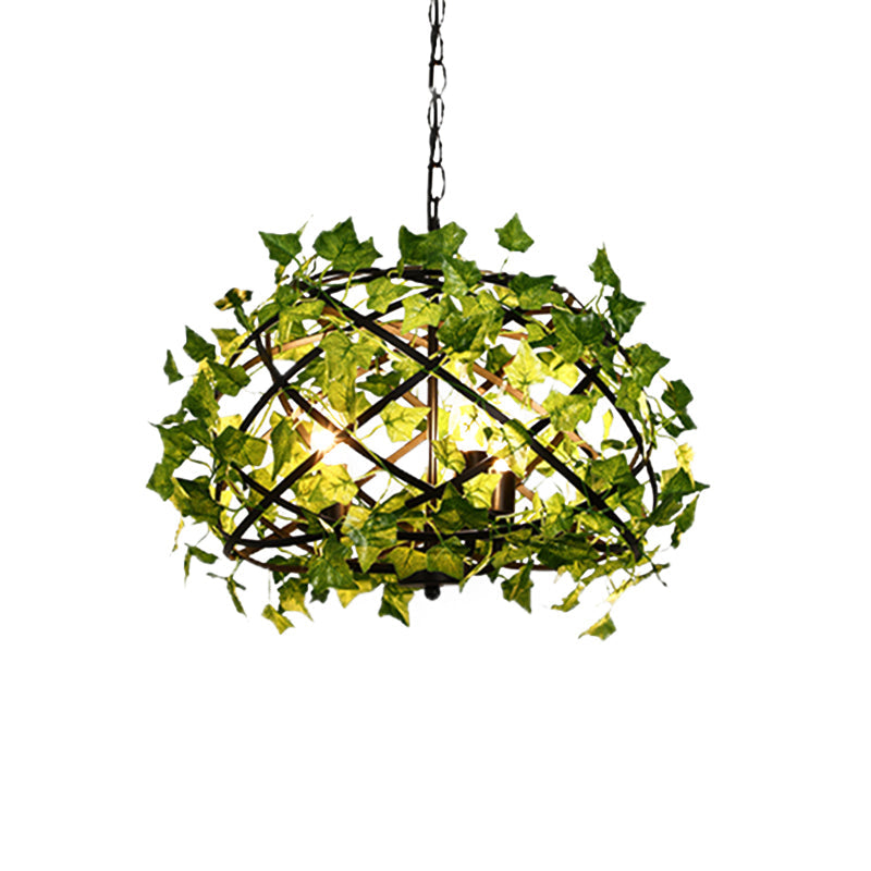 Rustic Metal Bird Nest Pendant Light With Ivy Decor 4 Bulbs Restaurant Hanging In Green