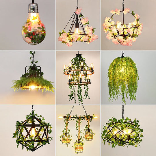 Rustic Metal Bird Nest Pendant Light With Ivy Decor 4 Bulbs Restaurant Hanging In Green