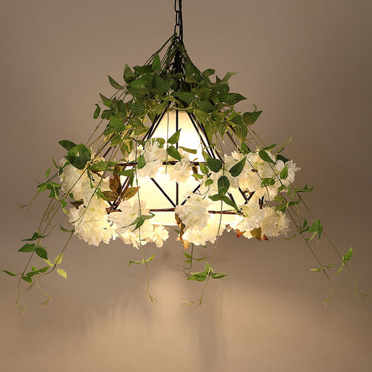 Retro Iron Conical Cage Pendant Ceiling Light With Artificial Flower - Green Single-Bulb Suspension