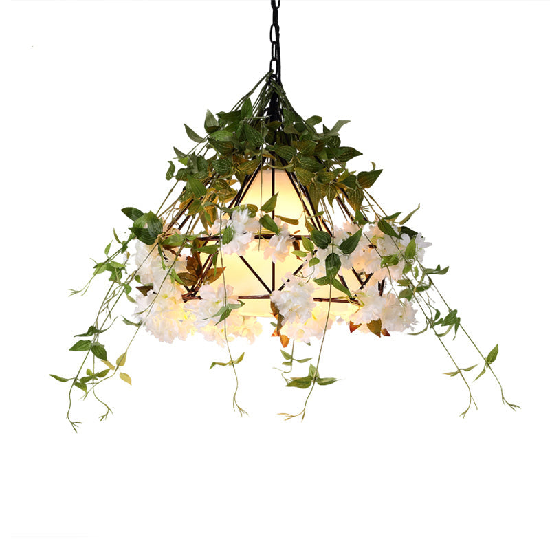 Retro Iron Conical Cage Pendant Ceiling Light With Artificial Flower - Green Single-Bulb Suspension