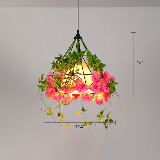 Metallic Ceiling Pendant with Industrial Frame and Plant Decor for Restaurant