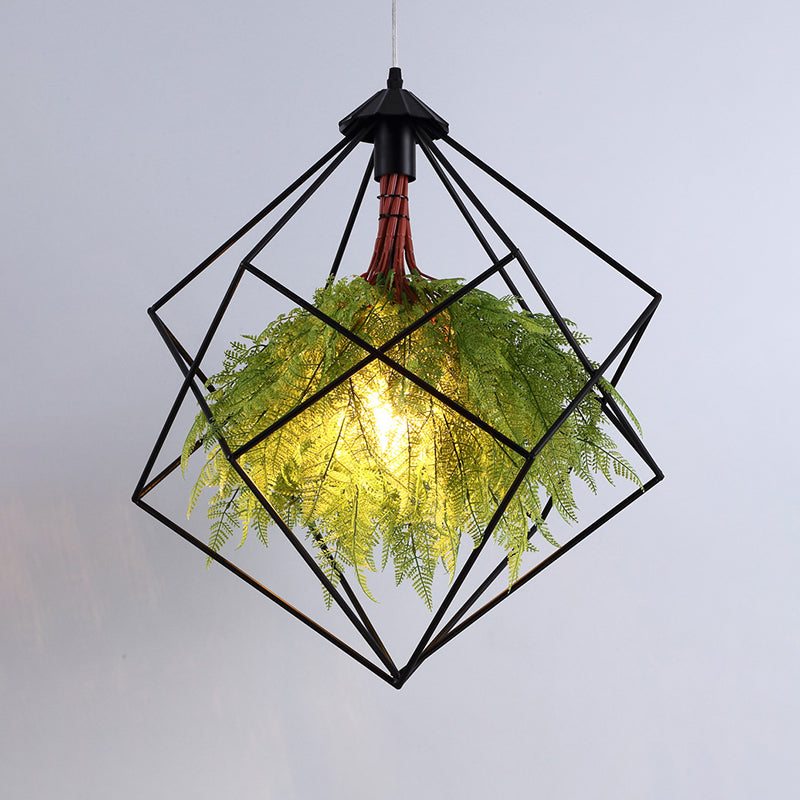 Vintage Green Caged Iron Plant Hanging Lamp - Single-Bulb Pendant for Restaurant Lighting