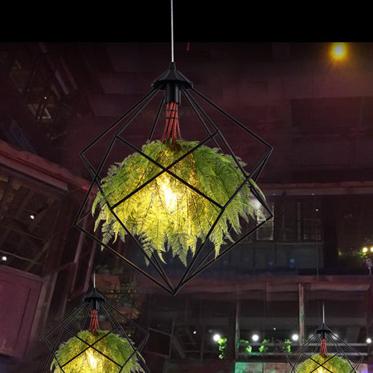 Vintage Green Iron Plant Hanging Lamp: Single-Bulb Pendant For Restaurant Lighting