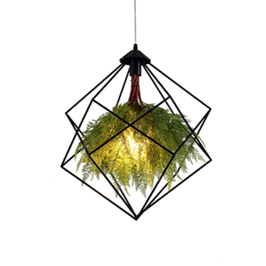 Vintage Green Caged Iron Plant Hanging Lamp - Single-Bulb Pendant for Restaurant Lighting