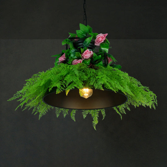 Antique Shaded Pendant Light With Artificial Plant: Perfect For Restaurants Green-Pink