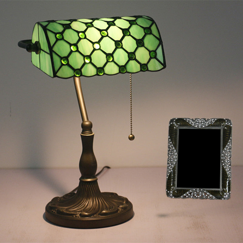 Gridded Glass Antique Nightstand Lamp With Pull Chain - Half Cylinder Table Lighting 1-Light