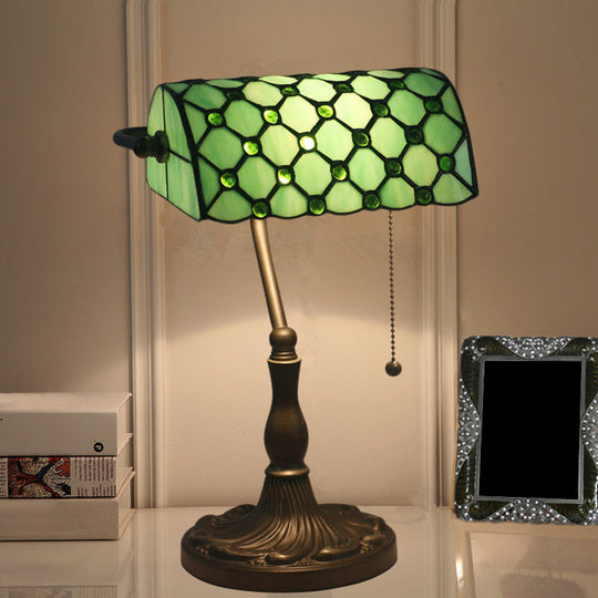 Gridded Glass Antique Nightstand Lamp With Pull Chain - Half Cylinder Table Lighting 1-Light Green