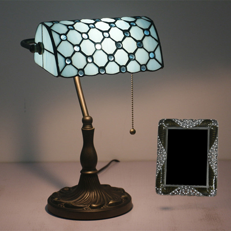 Gridded Glass Antique Nightstand Lamp With Pull Chain - Half Cylinder Table Lighting 1-Light Blue