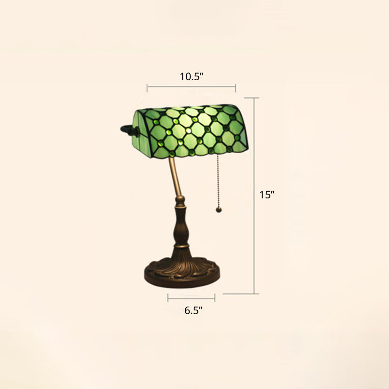 Gridded Glass Antique Nightstand Lamp With Pull Chain - Half Cylinder Table Lighting 1-Light