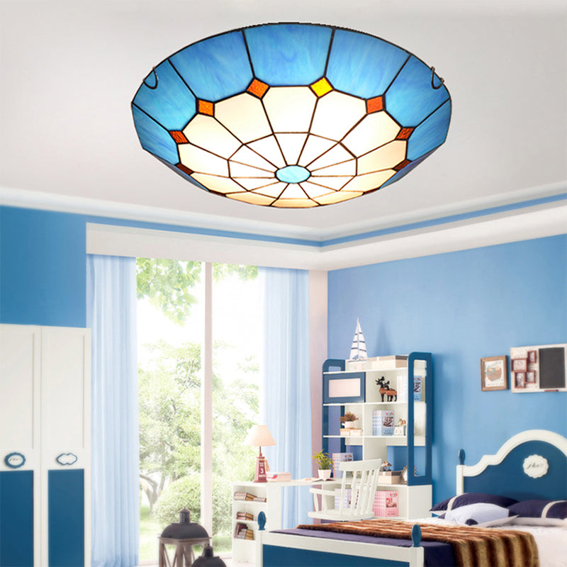 Mediterranean Gridded Glass Blue Flush Mount Ceiling Light