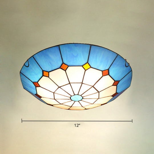 Mediterranean Gridded Glass Blue Flush Mount Ceiling Light / 12