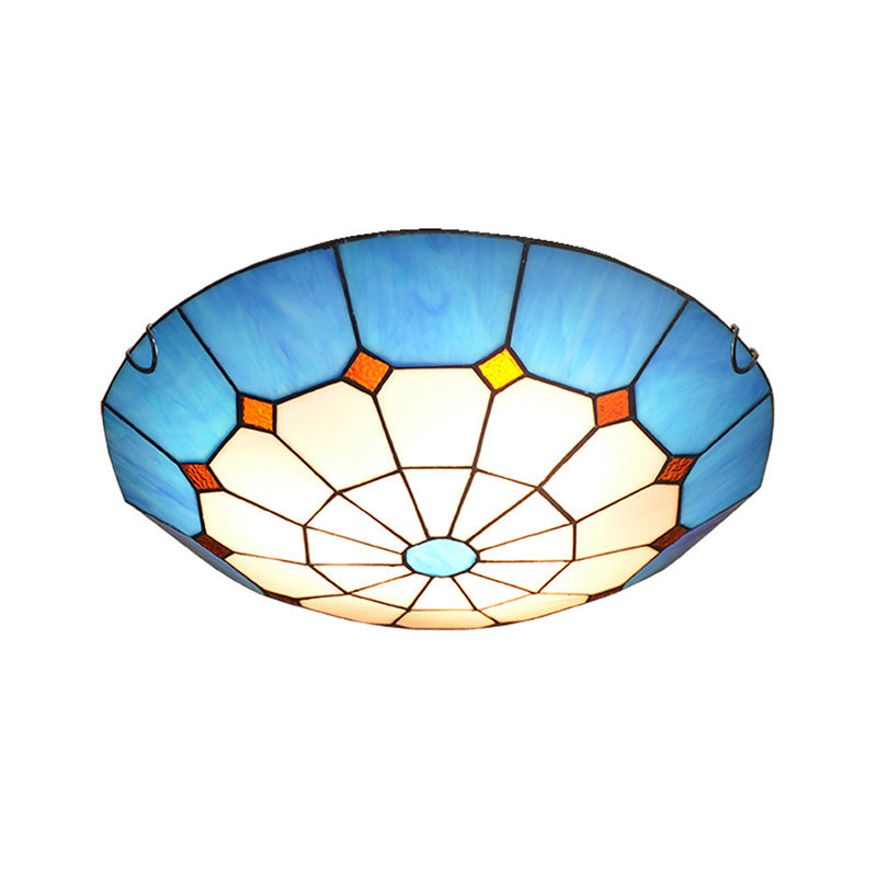 Mediterranean Gridded Glass Blue Flush Mount Ceiling Light