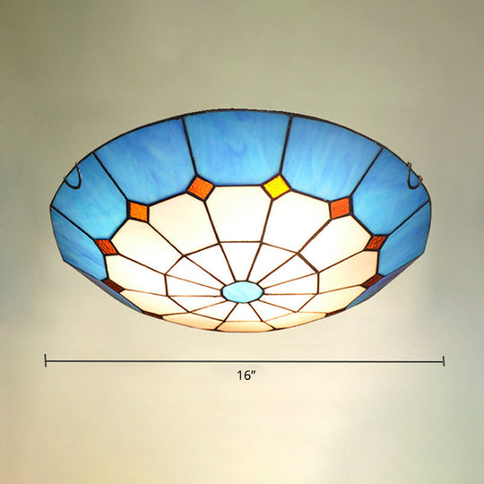 Mediterranean Gridded Glass Blue Flush Mount Ceiling Light / 16