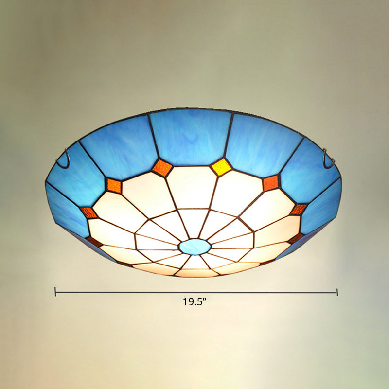 Mediterranean Gridded Glass Blue Flush Mount Ceiling Light