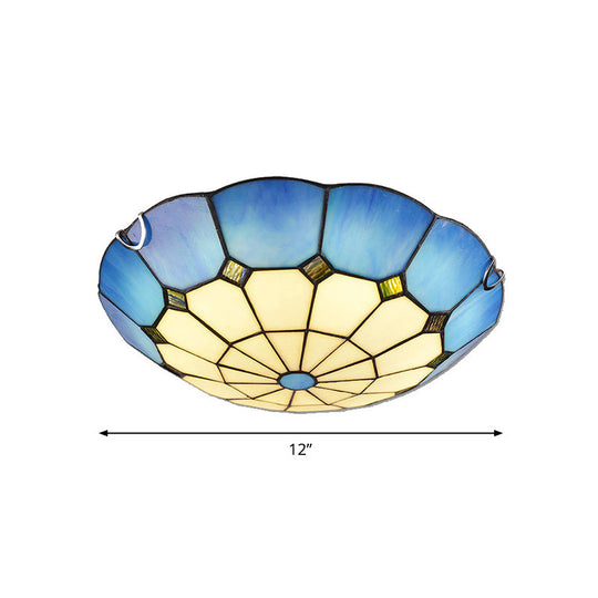 Tiffany Glass Classic Led Flush Ceiling Light Fixture With Grid Pattern Blue / 12