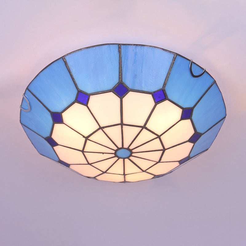 Tiffany Dome Shade LED Flush Mount Lighting for Bedroom - Gridded Glass Fixture