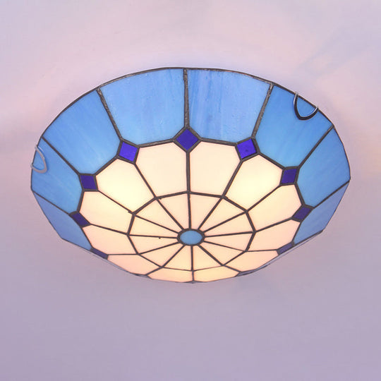 Tiffany Dome Shade LED Flush Mount Lighting for Bedroom - Gridded Glass Fixture