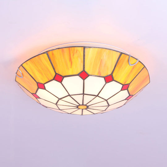 Tiffany Dome Shade Led Flush Mount Lighting For Bedroom - Gridded Glass Fixture Yellow / 16