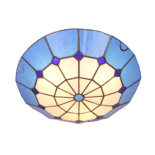 Tiffany Dome Shade LED Flush Mount Lighting for Bedroom - Gridded Glass Fixture