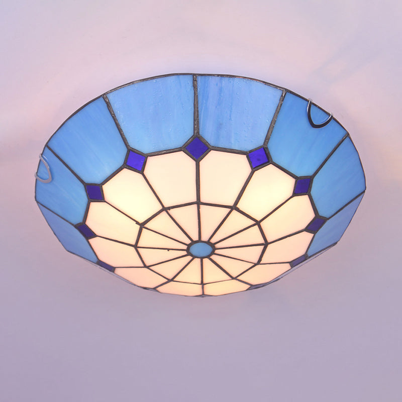 Tiffany Dome Shade LED Flush Mount Lighting for Bedroom - Gridded Glass Fixture