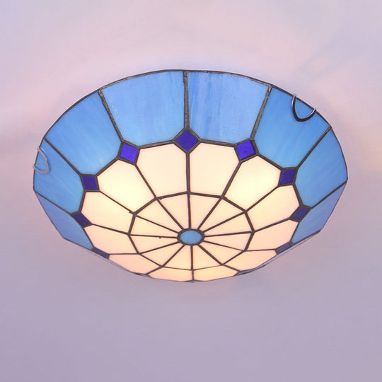 Tiffany Dome Shade Led Flush Mount Lighting For Bedroom - Gridded Glass Fixture Blue / 12