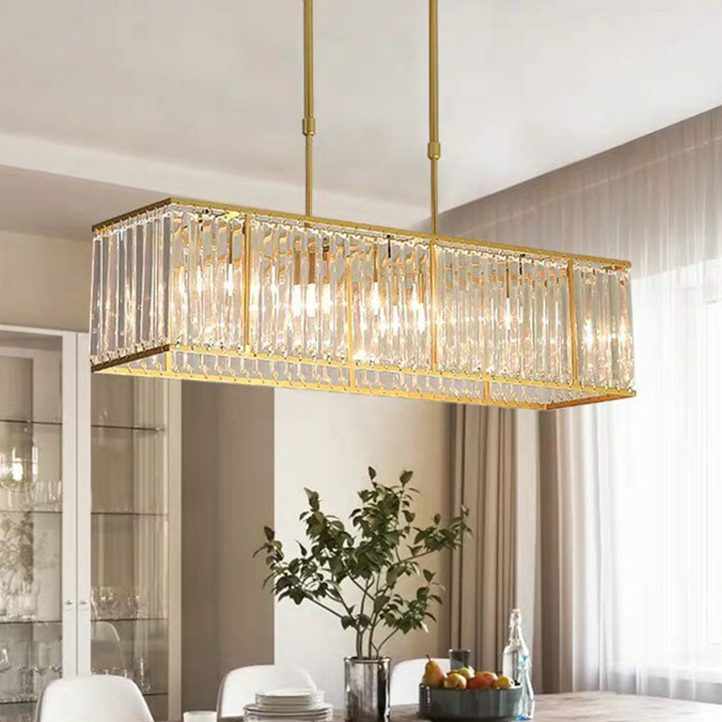 Sleek Dining Room Crystal Chandelier - Rectangle Prismatic Design 4 Bulb Island Pendant Light