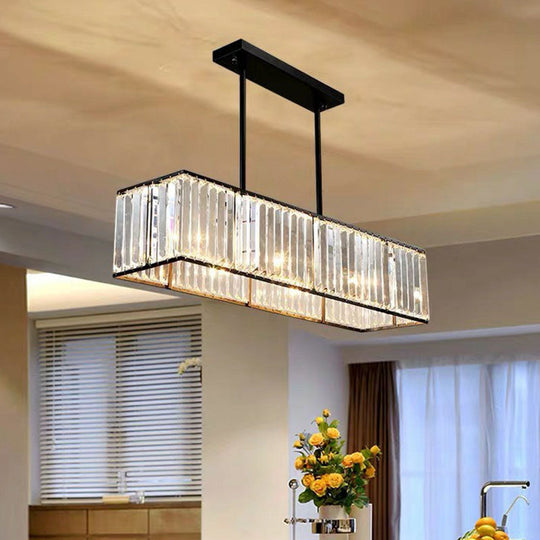 Sleek Dining Room Crystal Chandelier - Rectangle Prismatic Design 4 Bulb Island Pendant Light