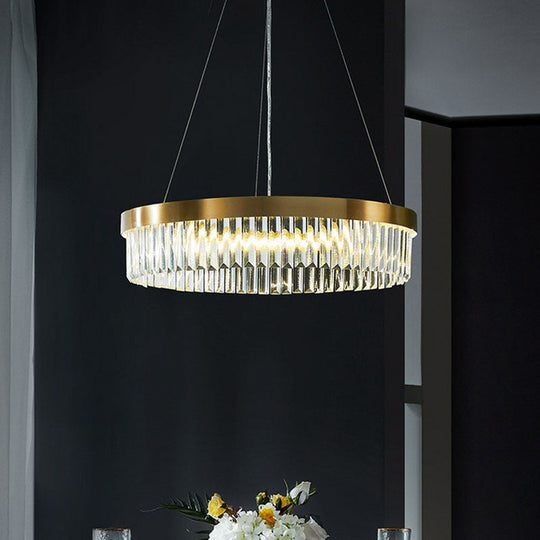 Modern Single Gold Chandelier Light - Circular Crystal Prism Suspension For Living Room