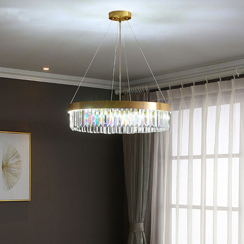 Modern Single Gold Chandelier Light - Circular Crystal Prism Suspension For Living Room