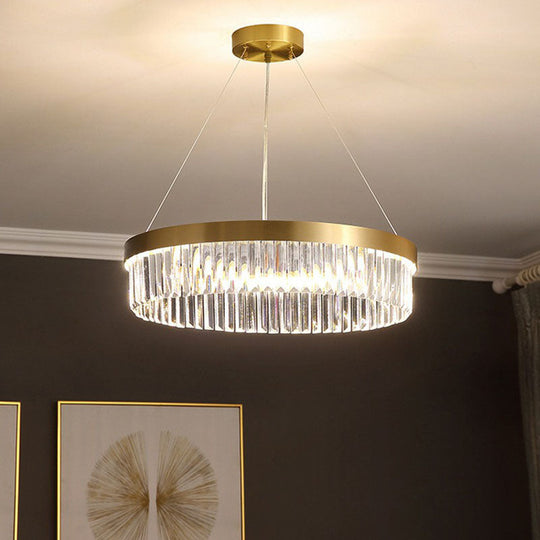 Modern Single Gold Chandelier Light - Circular Crystal Prism Suspension For Living Room