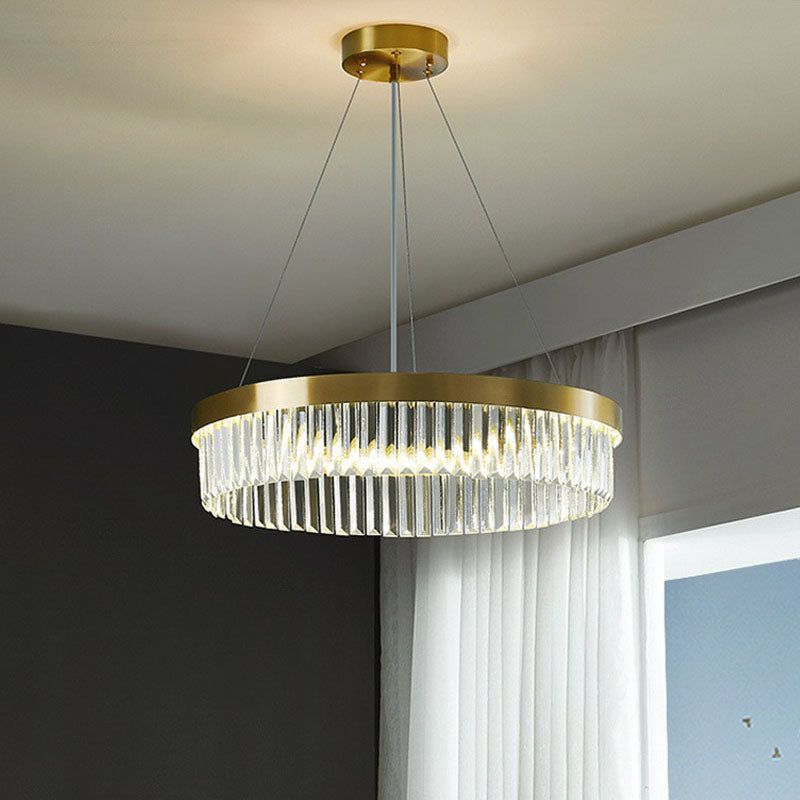 Modern Single Gold Chandelier Light - Circular Crystal Prism Suspension For Living Room