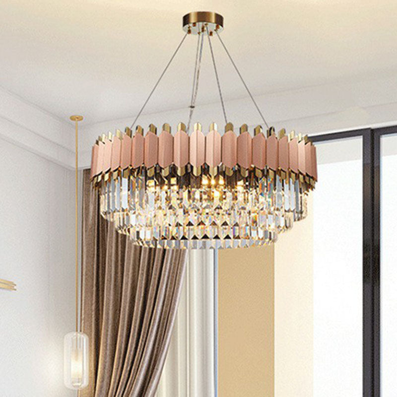 Contemporary Pink Crystal Chandelier Pendant Light - Tiered & Prismatic Design Ideal For Living Room