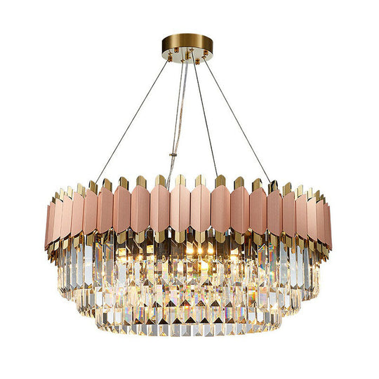 Contemporary Pink Crystal Chandelier Pendant Light - Tiered & Prismatic Design Ideal For Living Room