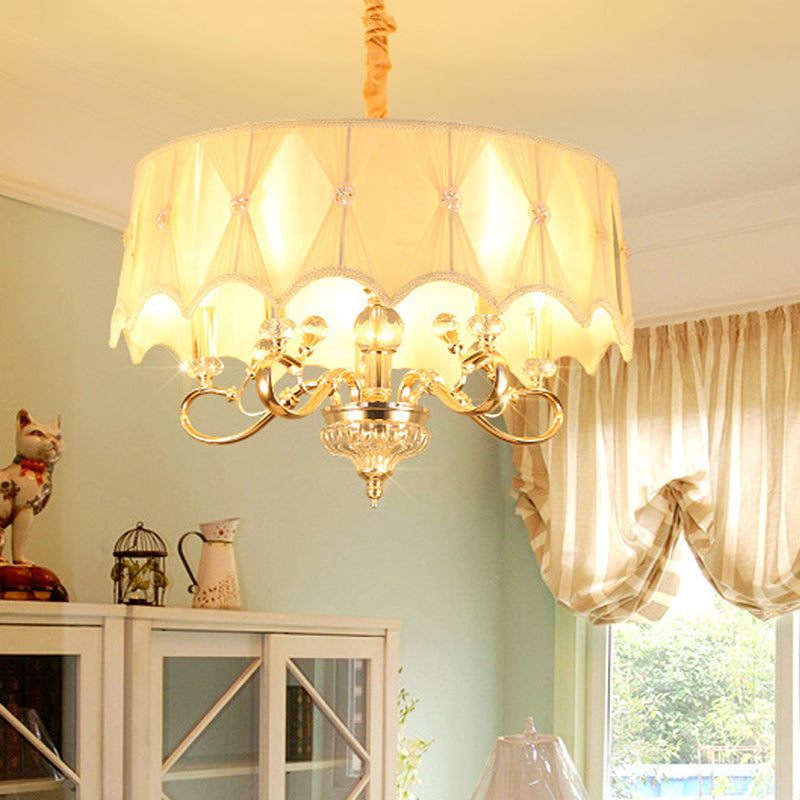 Traditional Round Chandelier With Crystal Stands And 5 Fabric Shaded Lights