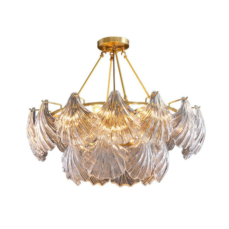 Simplicity Ribbed Crystal Brass Shell Chandelier Pendant Light - Elegant Dining Room Fixture