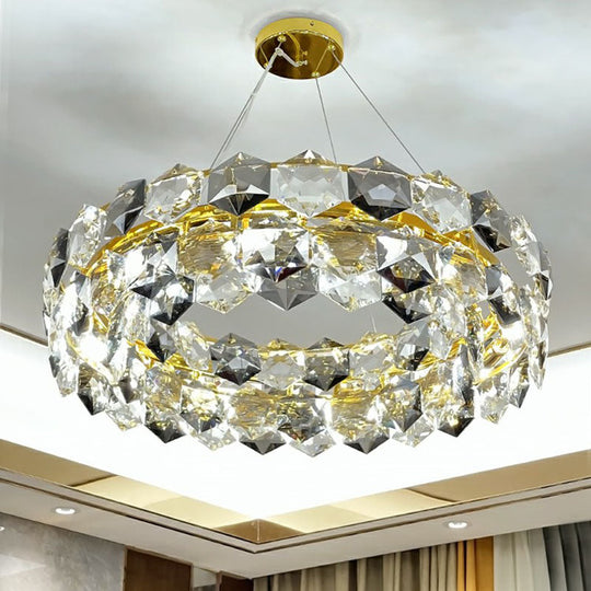 Gold Hexagonal-Crystal Round Suspension Light: Post-Modern Chandelier For Living Room