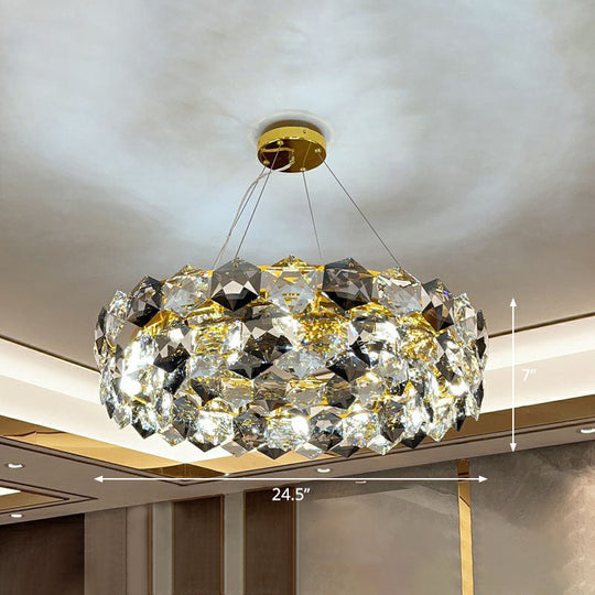 Modern Round Gold Chandelier with Hexagonal-Crystal Suspension Light – Perfect for Living Room Lighting