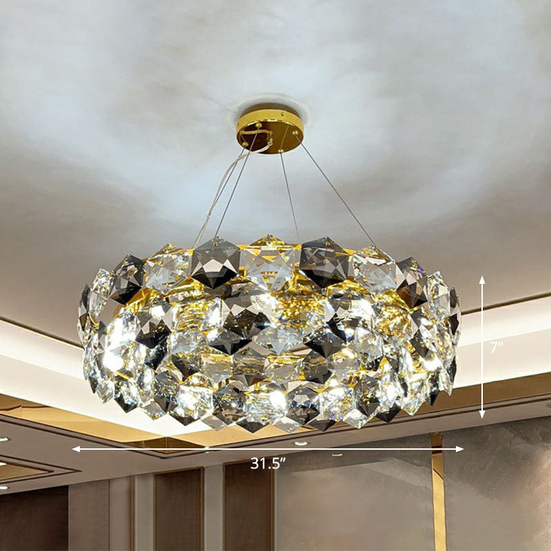 Gold Hexagonal-Crystal Round Suspension Light: Post-Modern Chandelier For Living Room / 31.5