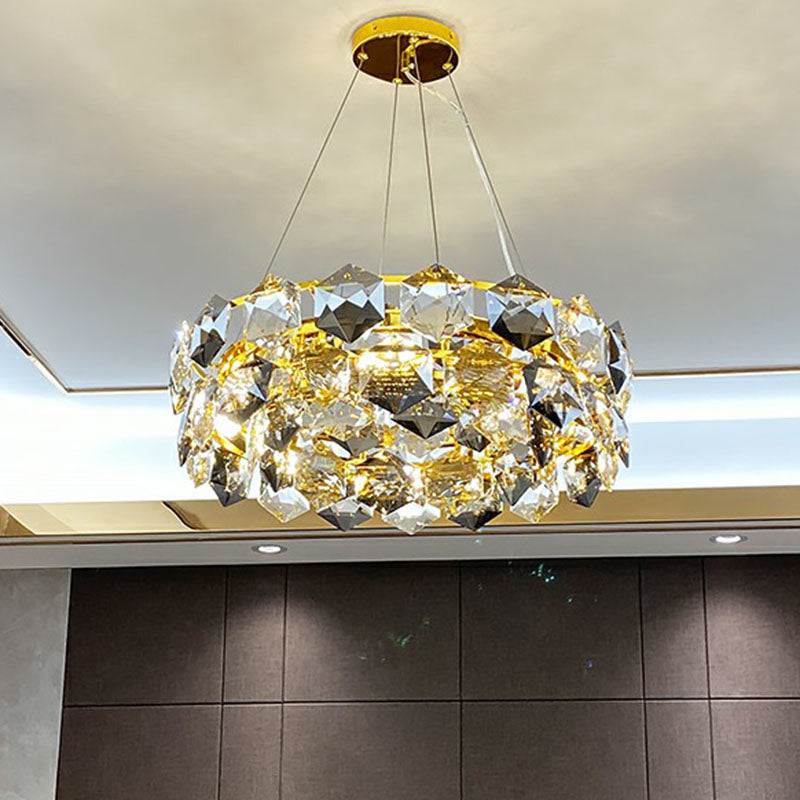 Gold Hexagonal-Crystal Round Suspension Light: Post-Modern Chandelier For Living Room