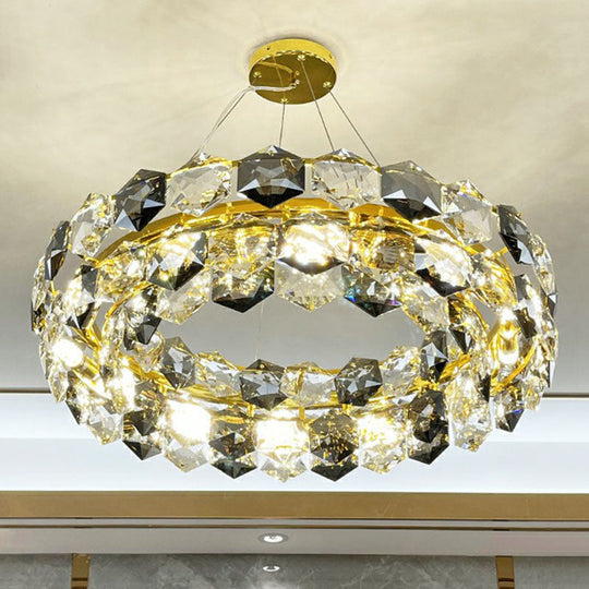 Gold Hexagonal-Crystal Round Suspension Light: Post-Modern Chandelier For Living Room