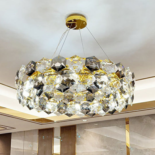 Gold Hexagonal-Crystal Round Suspension Light: Post-Modern Chandelier For Living Room