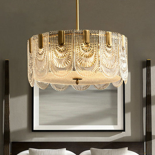 Scalloped Crystal Ribbed Chandelier Pendant Light - Contemporary Brass Hanging Fixture